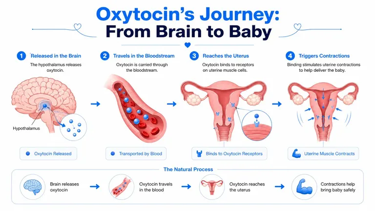 An infographic illustrating the natural process of how oxytocin travels from the brain to stimulate uterine contractions.