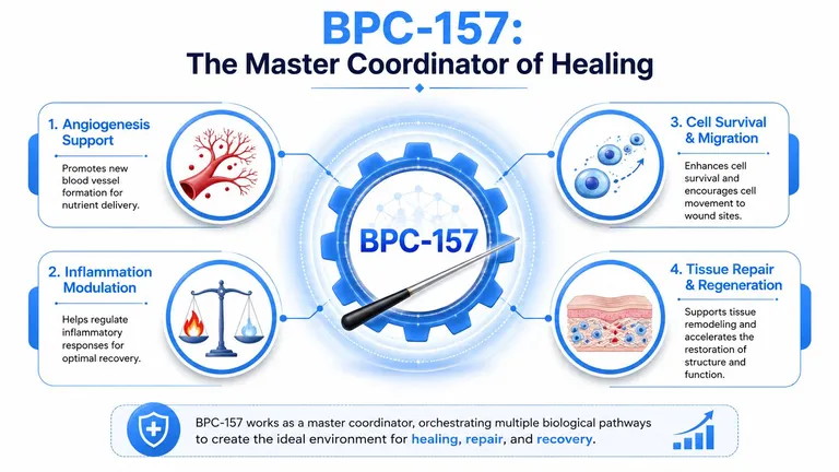 A diagram illustrating the four key healing benefits of BPC-157, including angiogenesis, inflammation modulation, and tissue repair.