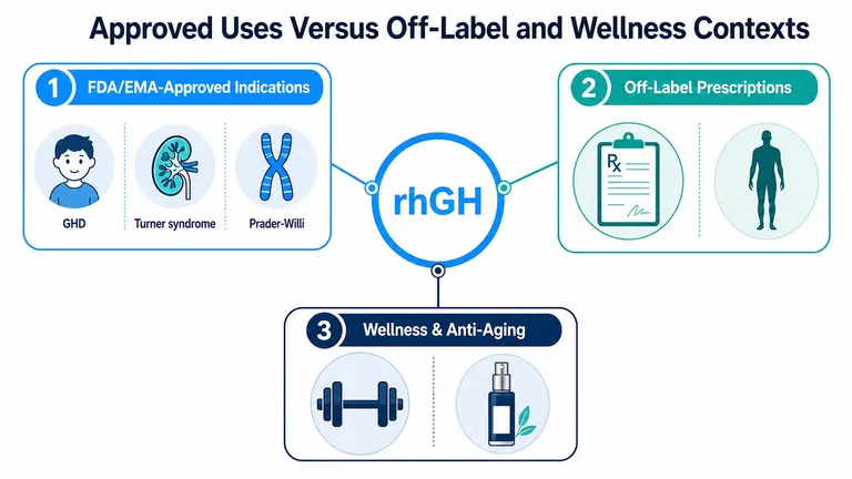 A diagram comparing FDA-approved uses, off-label prescriptions, and wellness anti-aging applications of recombinant human growth hormone.