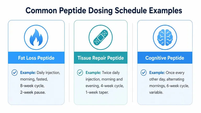 A diagram outlining common peptide dosing schedule examples for fat loss, tissue repair, and cognitive enhancement.