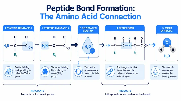 A diagram illustrating peptide bond formation between two amino acids through a dehydration synthesis reaction process.
