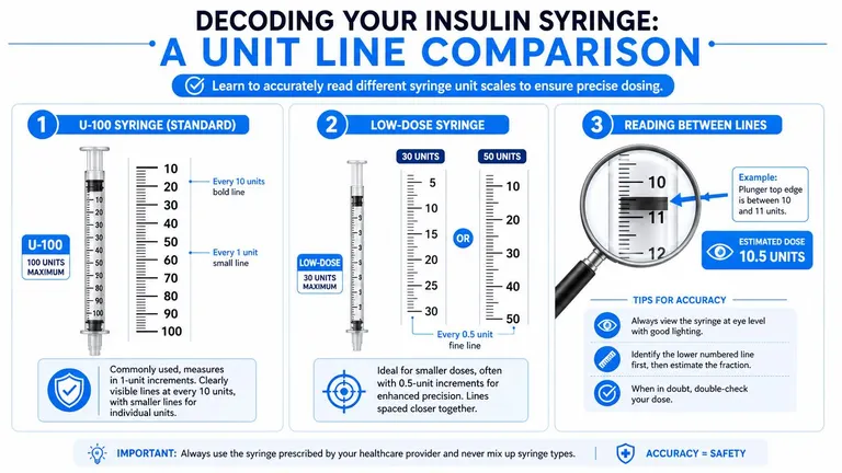 A guide explaining how to read different types of insulin syringes, including unit line measurements and dosing.