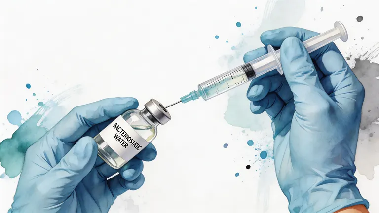 A pair of gloved hands preparing to draw bacteriostatic water from a glass vial using a sterile syringe.