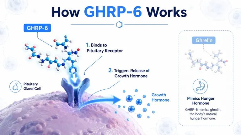 A diagram illustrating how GHRP-6 binds to pituitary receptors to trigger the release of growth hormone.