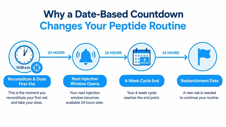 A diagram illustrating a four-step timeline for managing a peptide routine using a date-based countdown system.