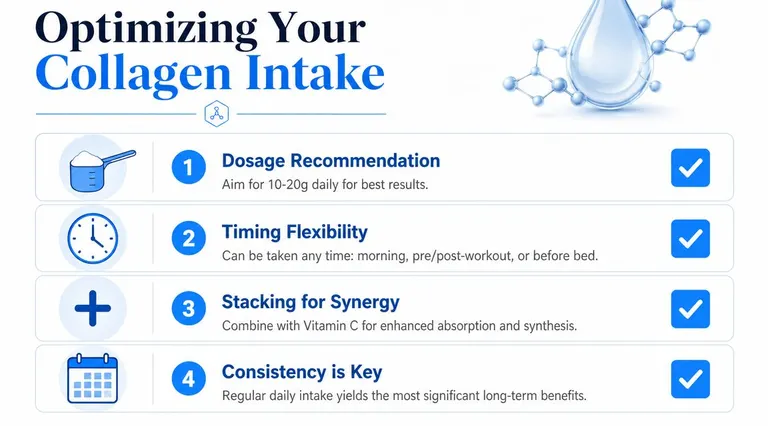An infographic titled Optimizing Your Collagen Intake detailing dosage, timing, supplementation, and consistency tips for collagen.