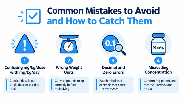 An infographic showing four common medical medication dosage calculation mistakes to avoid for patient safety.