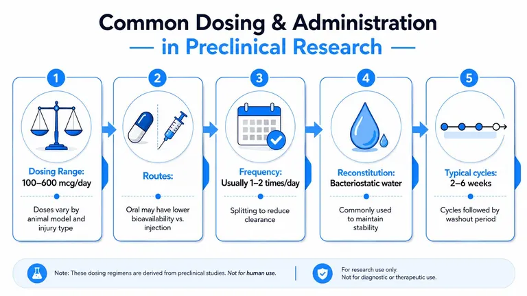 An infographic showing common preclinical research dosing and administration guidelines including dosage, routes, frequency, and cycle lengths.