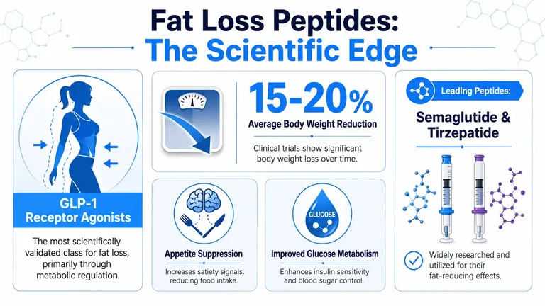 An infographic titled Fat Loss Peptides explaining the benefits of GLP-1 receptor agonists and common weight loss medications.
