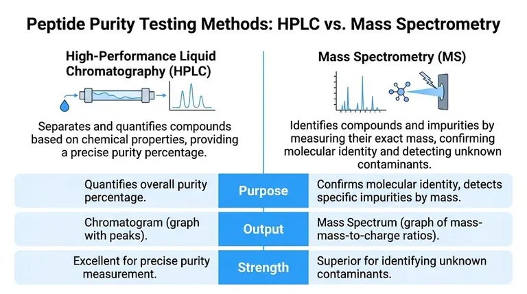 A comparison chart showing differences between High-Performance Liquid Chromatography and Mass Spectrometry for peptide purity testing.