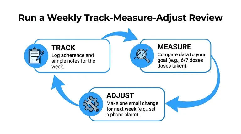 A diagram illustrating a three-step cycle for personal improvement: Track, Measure, and Adjust your weekly habits.