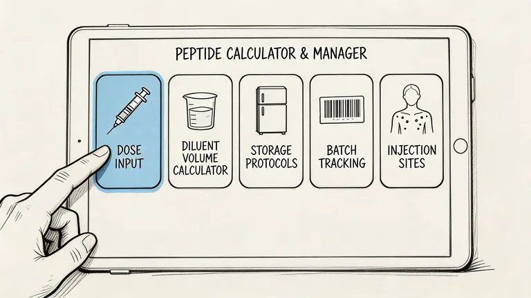 A hand touching a tablet screen displaying a peptide calculator and manager app menu with various icons.