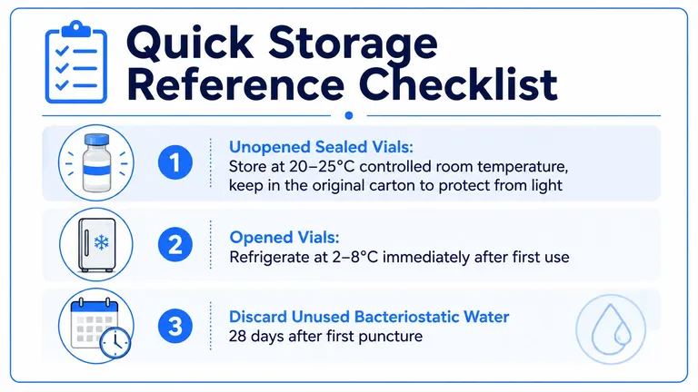 A quick storage reference checklist guide for storing bacteriostatic water vials at home or in clinics.