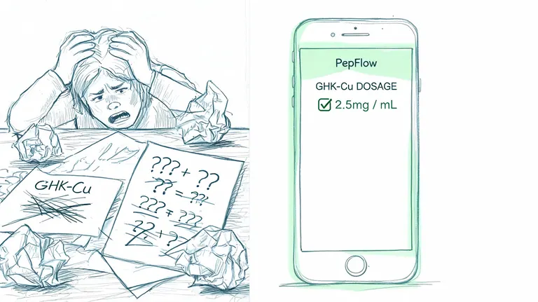 A person feeling frustrated with complex peptide math calculations, contrasted with a simple PepFlow mobile dosage calculator.