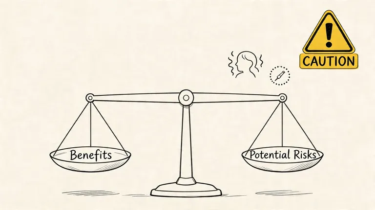 A hand-drawn scale balancing benefits and potential risks, illustrating medical decision-making regarding treatments like injections.
