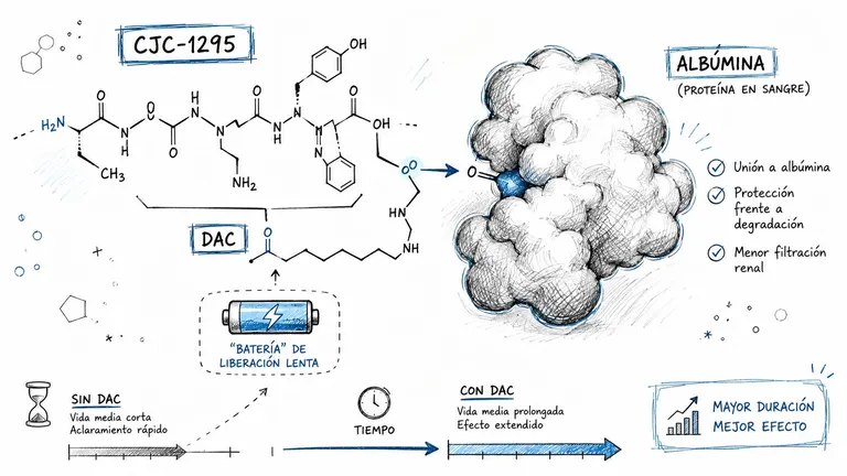 A diagram illustrating how CJC-1295 with DAC binds to albumin to extend its half-life in the bloodstream.