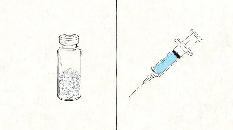 A hand-drawn illustration showing a glass vial containing white peptide powder next to a blue filled syringe.