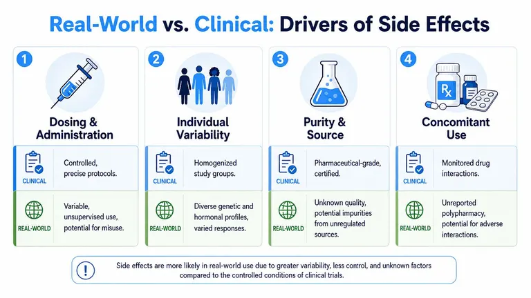 A comparison chart showing how real-world factors influence medication side effects compared to controlled clinical trial environments.