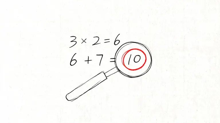 A hand-drawn illustration showing a magnifying glass over the number ten with mathematical equations written nearby.