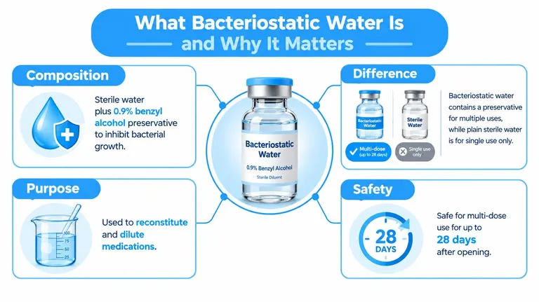 An infographic explaining what bacteriostatic water is, its composition, uses, safety guidelines, and differences from sterile water.