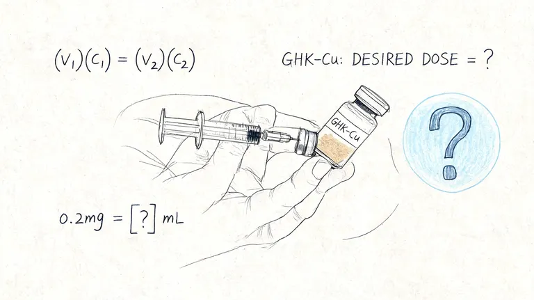 A hand holding a syringe and GHK-Cu vial with a dose calculation formula for injection.