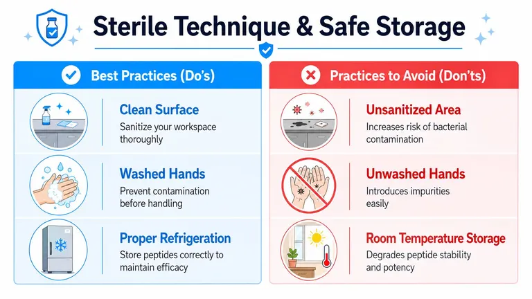 An infographic showing best practices and common mistakes for sterile handling and proper storage of medical peptides.