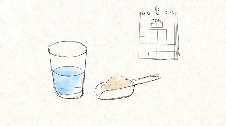 A hand-drawn illustration showing a glass of water, a scoop of powder, and a monthly calendar page.