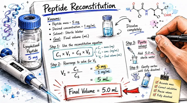 A hand-drawn instructional guide illustrating the calculation steps to reconstitute 5mg of lyophilized peptide into 5mL solution.
