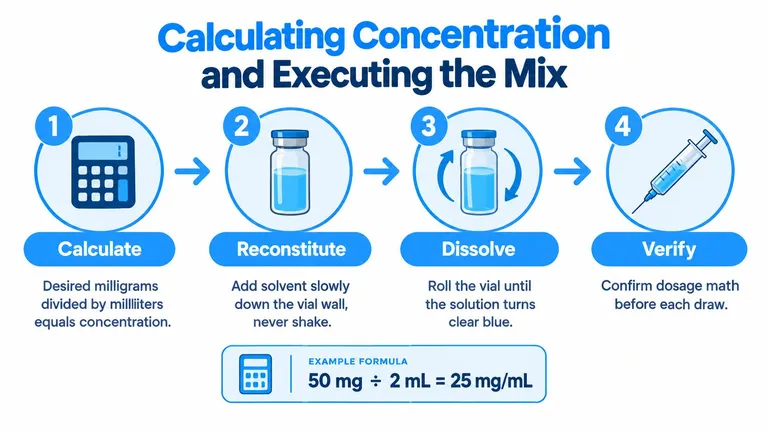 An infographic showing four numbered steps for calculating, reconstituting, dissolving, and verifying a medical solution mix.