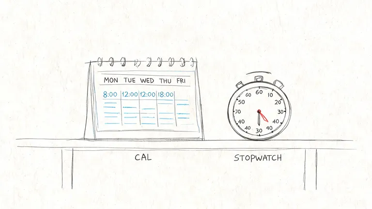 A hand-drawn sketch of a weekly calendar and a stopwatch sitting on a table.