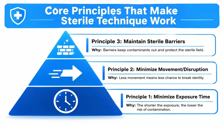 A hierarchical pyramid graphic illustrating three core principles of sterile technique for medical and surgical environments.