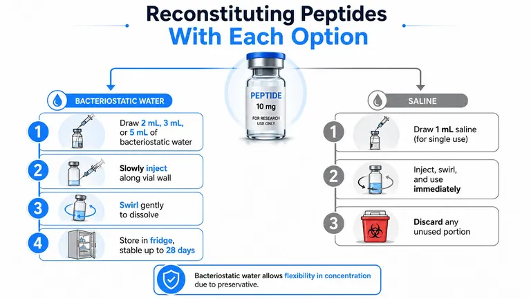 An instructional infographic comparing the steps to reconstitute peptide vials using bacteriostatic water versus saline solution.