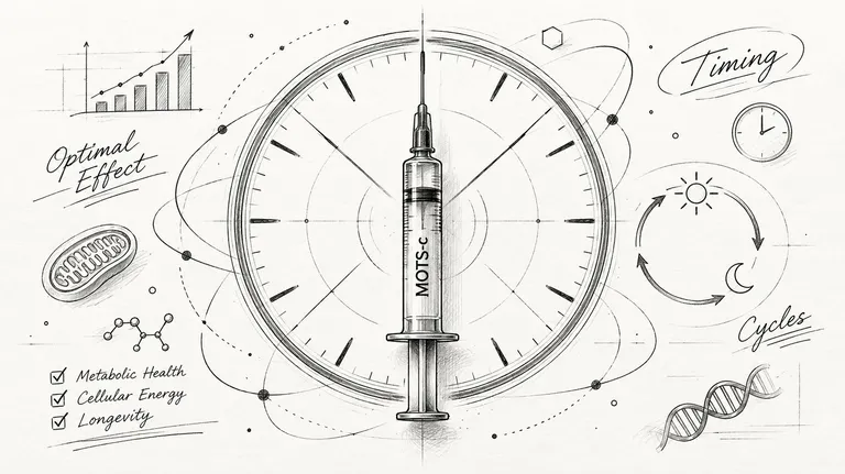 A conceptual sketch illustrating MOTS-C peptide, cellular health, biological clocks, and circadian rhythms in a diagram.
