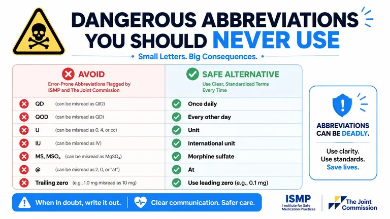 A chart showing dangerous medical abbreviations to avoid, alongside safe, clear alternatives for better patient safety.
