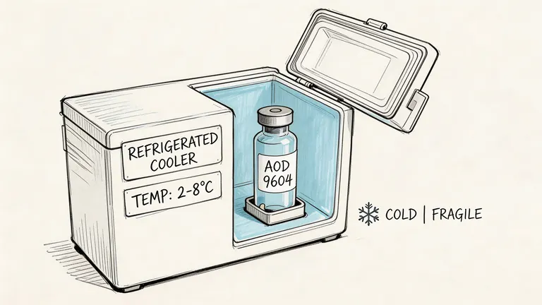 A digital illustration of a refrigerated cooler containing a single vial of AOD 9604 medication.