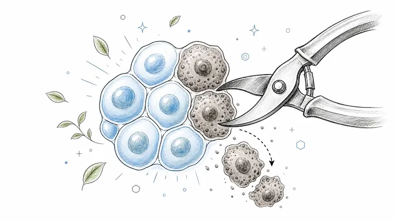 A conceptual illustration of pruning damaged or aging cells to promote healthy biological rejuvenation and longevity.