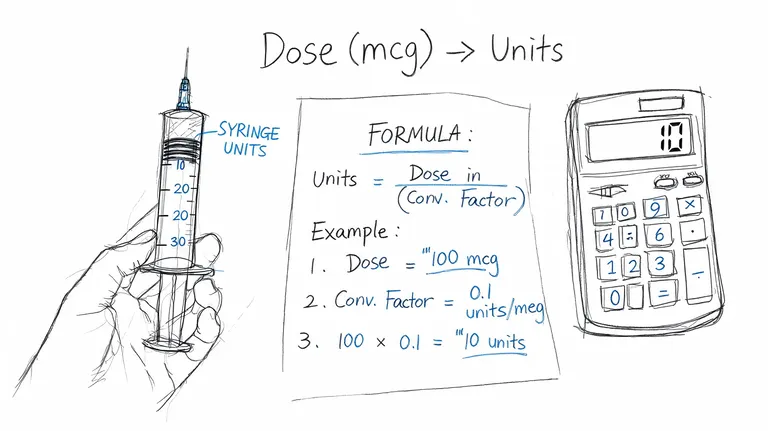 A hand-drawn illustration showing a syringe, a dosage calculation formula, and a calculator for converting medication dosage.