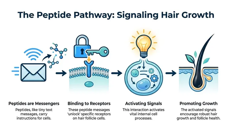 A diagram illustrating how peptides signal hair growth through a step-by-step biological communication process in follicles.
