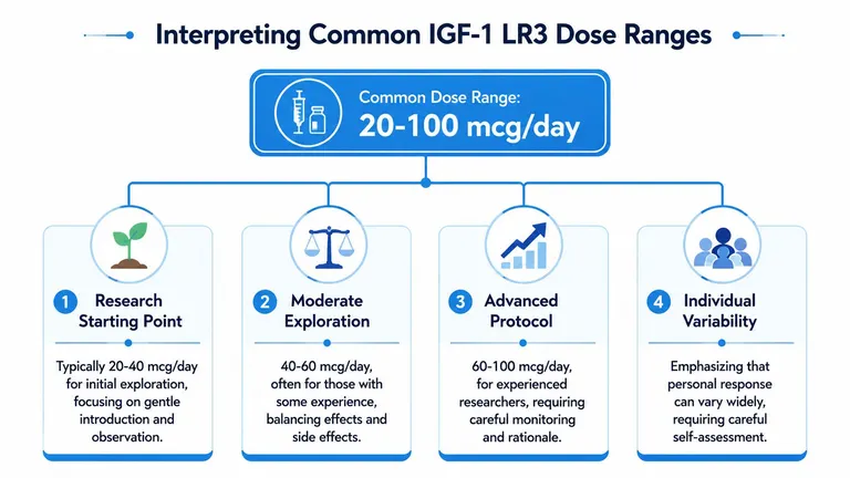 An infographic showing common IGF-1 LR3 dosing ranges from 20 to 100 mcg per day for different experience levels.
