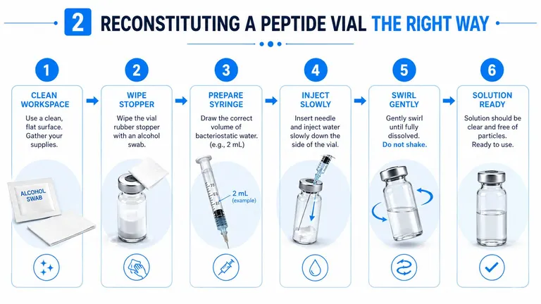 A six-step infographic guide illustrating the proper method for reconstituting a peptide vial with bacteriostatic water.