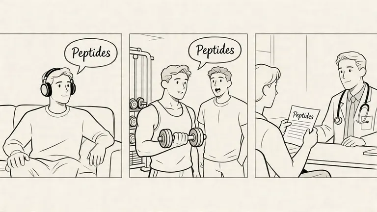A three-panel comic illustration showing a man thinking about, discussing, and consulting a doctor regarding peptides.