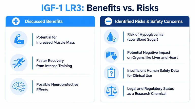 An infographic comparing the discussed benefits and identified risks of using IGF-1 LR3 for performance enhancement.