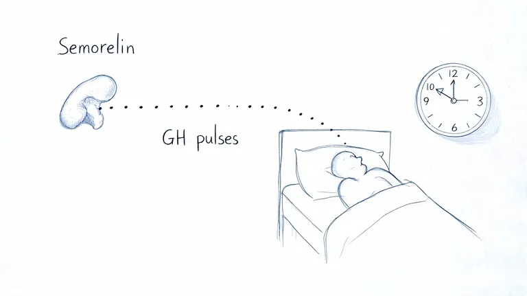 A hand-drawn illustration depicting Sermorelin and GH pulses during sleep, featuring a clock set to late evening.