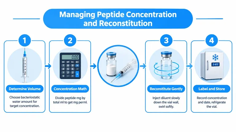 A step-by-step instructional guide on the process of peptide reconstitution, concentration calculation, and proper vial storage.