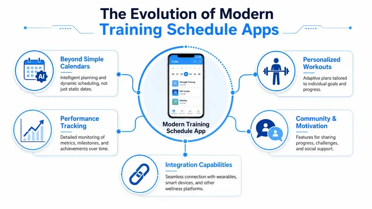 A infographic showing key features of modern training schedule apps including personalized workouts, performance tracking, and integrations.