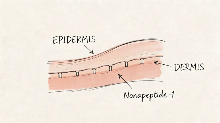 A diagram illustrating skin layers showing the epidermis and dermis with Nonapeptide-1 treatment below.