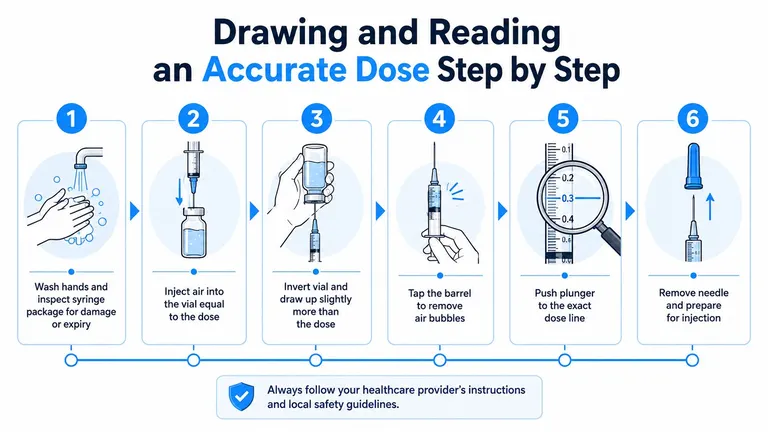 A six-step instructional guide on how to safely draw and measure an accurate dose using a syringe.
