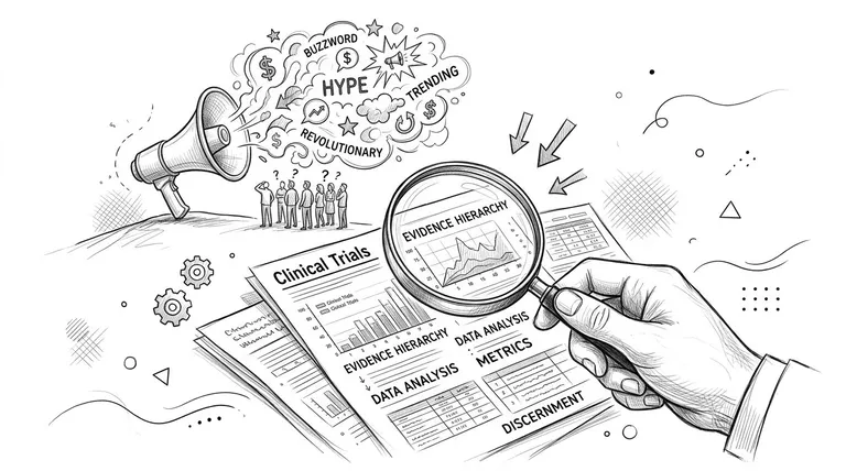 A conceptual line drawing showing a magnifying glass examining evidence and clinical trials amidst noisy market hype.