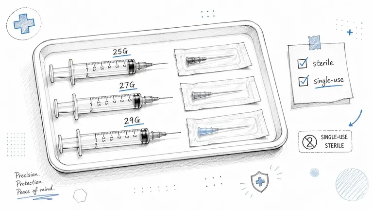 A tray featuring three syringes labeled 25G, 27G, and 29G alongside their corresponding sterile single-use needles.