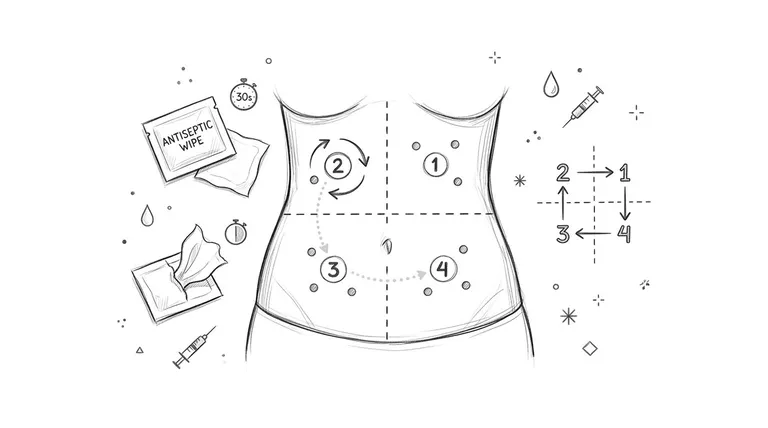 An illustration showing an injection site rotation guide on the human abdomen for administering medication safely.